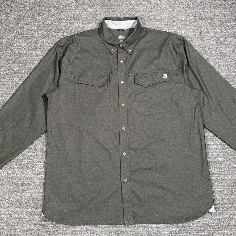 HUK Performance Fishing Shirt Men Large Gray Long Sleeve Button Down Camp Nature